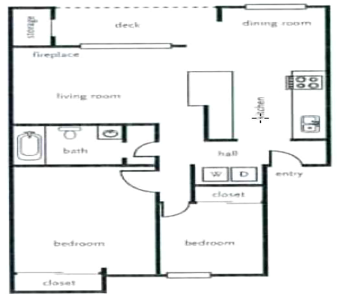 Floor plan for 2 beds, 1 bath, 866 sqft